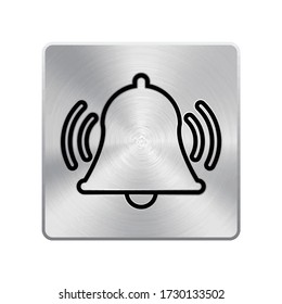 Silber-Metall-Taste mit Glockensymbol. Benachrichtigungsglocke für soziale Medien, Internet und Anwendung isoliert auf der Taste Stahl. Unterschreiben. Wie und im Gegensatz zu Internet-Konzept. Laserschnitt, eingraviert Symbol.