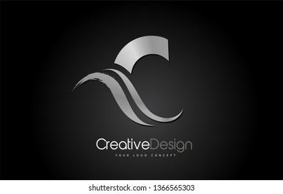 Silver Metal C Letter Design Brush Paint Stroke. Letter Logo on Black Bakground