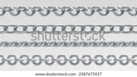 Silver metal chain links set of various sizes with shiny surface and round edges. Continuous jewelry elements in horizontal rows for border patterns, luxury decorative ornaments or elegant accessories