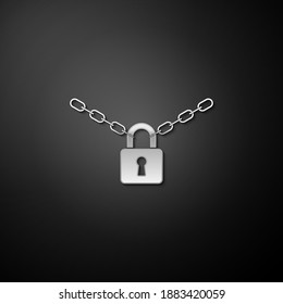 Silver Metal Chain And Lock Icon Isolated On Black Background. Padlock And Steel Chain. Long Shadow Style. Vector.