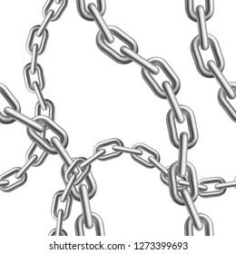 Silver metal chains on white background. Seamless pattern. Realistic volumetric elements. Vector illustration.