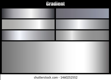 Silver metal chrome foil texture vector icon set for banner, ribbon, label, background. Gray shine effect seamless gradient collection. Brushed isolated aluminum design