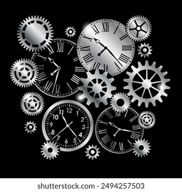 Silver metal clocks and gears and mechanisms on black background