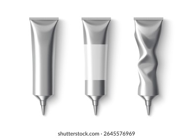 Silver metal cream tubes with pointed nozzle tips showing usage - new empty with label space, squeezed twisted form. metallic aluminum cosmetic packaging mockups for cosmetics gel applicators.