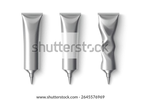 Silver metal cream tubes with pointed nozzle tips showing usage - new empty with label space, squeezed twisted form. metallic aluminum cosmetic packaging mockups for cosmetics gel applicators.