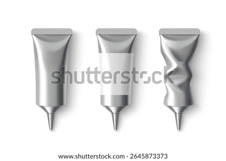 Silver metal cream tubes with pointed nozzle tips showing usage - new empty with label space, squeezed twisted form. metallic aluminum cosmetic packaging mockups for cosmetics gel applicators.