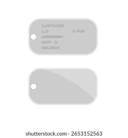 Silver metal dog tag with engraved military identity details, iconic accessory, flat art design style.
