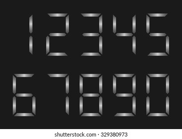Silver metal electronic numbers for clock display. Vector illustration