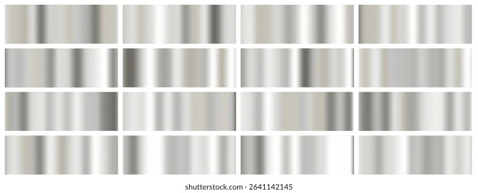 Silver metal foil set with gradient backgrounds. White glossy paper effect blends chrome glass with smooth gray vector gradation. Abstract mirror surface with shiny steel reflection for luxury design.