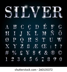 Silver Metal Font With Letters, Numbers, Currency Symbols.