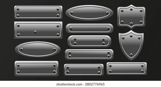 Silver Metal Game UI Button And Badge Set Featuring Glossy Metallic Frames Labels Shield Emblem And Interface Elements For Game Design Dark Background Template