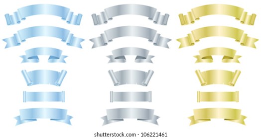 Silver, Metal And Gold Banners Or Ribbons/ Illustration of a set of various metal, silver and gold banners, scrolls,  awards and ribbons