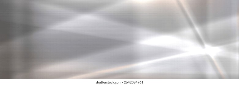 Silver metal gradient background with light rays - polished mirror surface reflecting bright beams. Brushed steel texture with smooth chrome finish for modern design, industrial technology wallpaper.