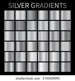 Silver metal gradient backgrounds vector. Chrome shiny texture vector swatch collection for design, frame, label, badge, ribbon, medal, ring, coin, banner etc.