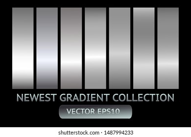 Silver metal gradient chrome scratched texture vector icon foil background set for banner, ribbon, label. Shine gray design collection. Elegant light effect seamless pattern template