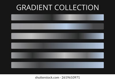 Silver metal gradient collection and silver foil texture set. Shiny vector illustration for posters