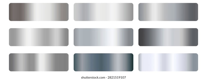 Silver metal gradient swatch set. Chrome, platinum, slate, pewter, charcoal foil shades. Glossy horizontal bands, dark to light. For badge, label, ribbon, frame. Vector metallic texture palette.
