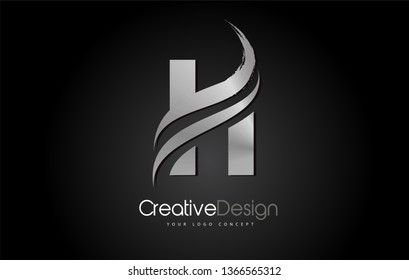 Silver Metal H Letter Design Brush Paint Stroke. Letter Logo on Black Background