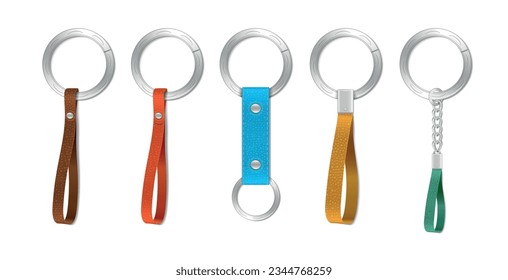 Silver metal key holders keychains with colorful leather elements realistic set isolated vector illustration