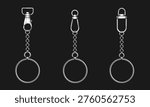 Silver metal keychains set isolated on black background. Vector realistic illustration of steel key accessory with chain and clasp, car or house key holder with round ring and decorative keychain