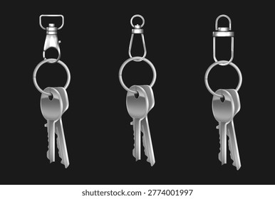 Silver metal keys bunch with realistic steel ring and lobster clasp, 3D vector illustrations isolated on black background. Home key chrome holder mock up, design template