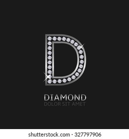 Logotipo da letra D de metal prateado com diamantes. Luxo, real, riqueza, símbolo de glamour. Ilustração vetorial