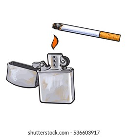 Silver metal lighter and burning cigarette, sketch vector illustration isolated on white background. Realistic hand-drawing of silver colored metal lighter used to lit a cigarette