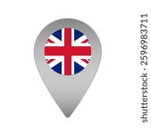 Silver Metal Map Marker with United Kingdom round Flag. Location Pin isolated icon vector illustration