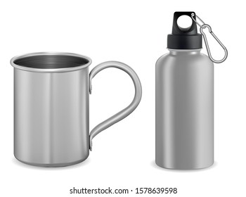 Silver metal mug. Aluminum thermo vacuum flask. 3d water container mockup illustration. Reusable thermic bottle for coffee or cold drink. Stainless steel travel cup. Sport thermal tumbler