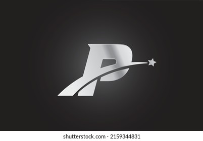 silver metal P alphabet letter logo icon with star. Creative design for company or business