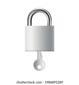 Silver metal padlock with inserted key inside - realistic little steel lock isolated on white background. Locked closed security symbol - vector illustration.