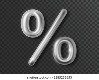 Silver metal percent Sign. 3D Realistic symbol for black friday sale isolated on dark background. Vector icon for discount , Percentage, Sale, Promotion Concept