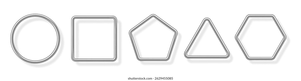 Silberne Metallrahmen auf Weiß. Chromrohrrahmen mit Schatten. Kollektion von geometrischen Formen: Kreis, Quadrat, Sechseck, Dreieck und Stern. Realistische Vektorgrafik.