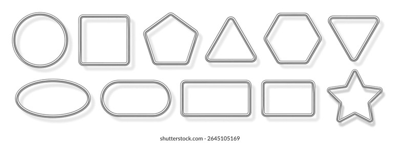 Silver metal photo frames set on white. Chrome tube frames with shadow. Collection of geometric shapes: square, circle, triangle, rectangle, oval, pentagon, heart, star, ring. Vector illustration.