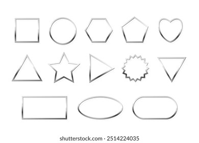 Silver metal photo frames with shadow on white background. Realistic template vector illustration set. Simple square, circle, triangle, rectangle, oval, pentagon, heart, star, ring.