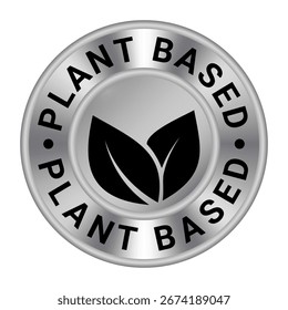 Silver Metal Plant Based isolated round stamp, sticker, sign with Leaves icon vector illustration