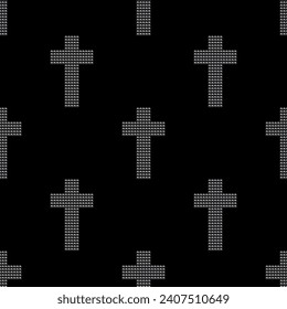 Silver metal pyramid cross on black leather background. Metal and rock music vector square seamless pattern.