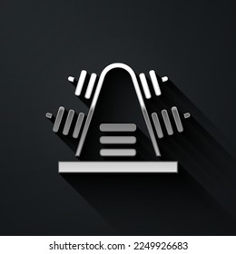 Silver Metal rack with additional weights for barbell icon isolated on black background. Bodybuilding, fitness, sport, healthy lifestyle concept. Long shadow style. Vector