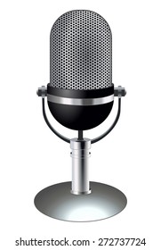 Silver metal retro radio microphone standing for talking. Vintage retro chrome mic. Technology object, sound recording equipment concept. vector art image illustration, isolated on white background