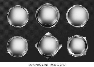 Silver metal ring frame set with chrome buttons on transparent background - glossy circular badges for interface design. Polished steel elements with gradient shine for winner or holiday decoration.