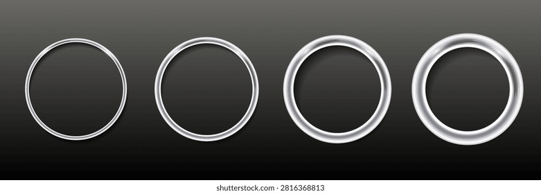 Silver Metal Ring Frame Set with Realistic Chrome Circular Borders, Glossy 3D Empty Circle Frames and Luxury Metallic Vector Design
