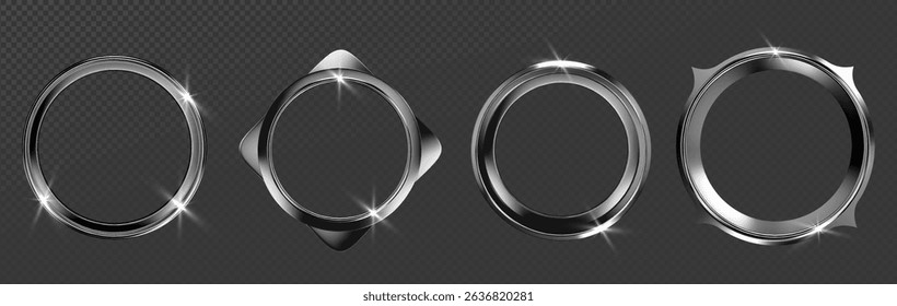 Silver metal ring frames collection on transparent background - chrome circular borders with shiny reflections and sparkle effects. Modern metallic round elements for badge display or interface design - Powered by Shutterstock - Get 15% off with code: PIKWIZARD15
