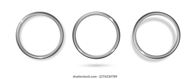 Silver metal ring isolated. Metal circle empty frame realistic. 3d border with glow shine and light effect.