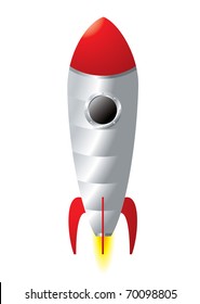 Silver metal rocket cartoon style with flames and window