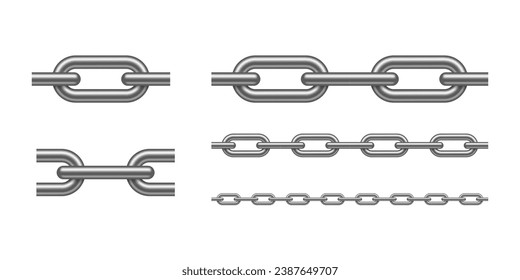 Silver metal seamless chain set vector illustration on white background. Realistic iron chain links. Silvery shiny luxury jewelry necklace.