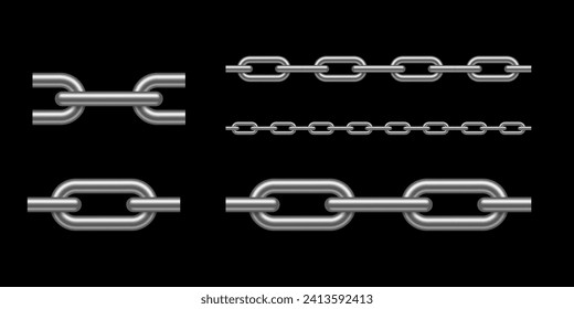 Silver metal seamless chain set vector illustration on black background. Realistic iron chain links. Silvery shiny luxury jewelry necklace.