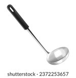 Silver metal soup ladle for first courses isolated on white background. Stainless steel scoop with black handle. Realistic 3D vector illustration. Kitchen utensils for cooking, tableware