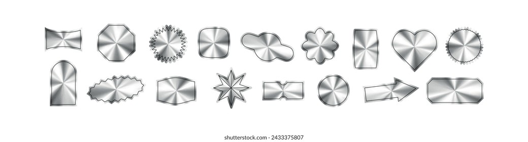 Silver metal sticker with gradient, circular seal or emblem. textured foil pattern for badge or logo. Flat vector illustration isolated on white background.