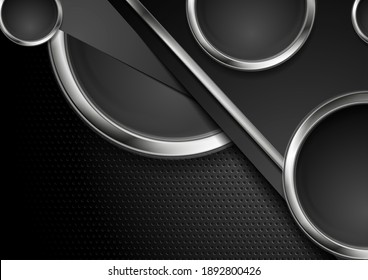 Silver metal stripes and circles on dark perforated background vector concept design