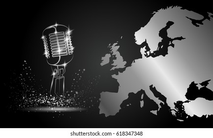 Silver metal studio microphone on a dark background with a map of Europe. Music festival background for flyer, banner, billboard.